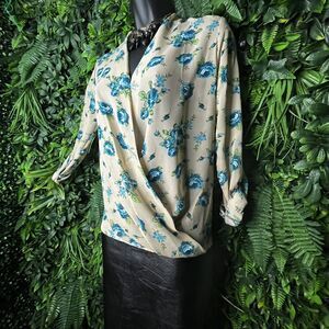 PINKLINE Tops Women Small Beige Blouse Floral Blue Detail Faux Wrap Sheer  0726‎